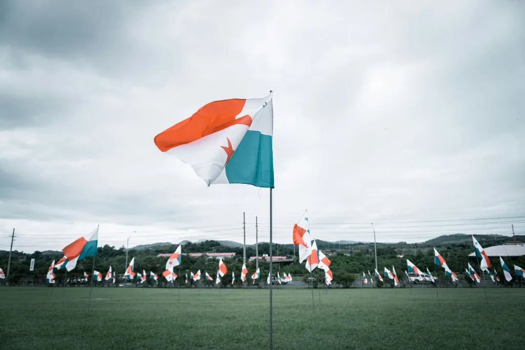 A Panamanian flag flying over a green field of smaller flags under an overcast sky